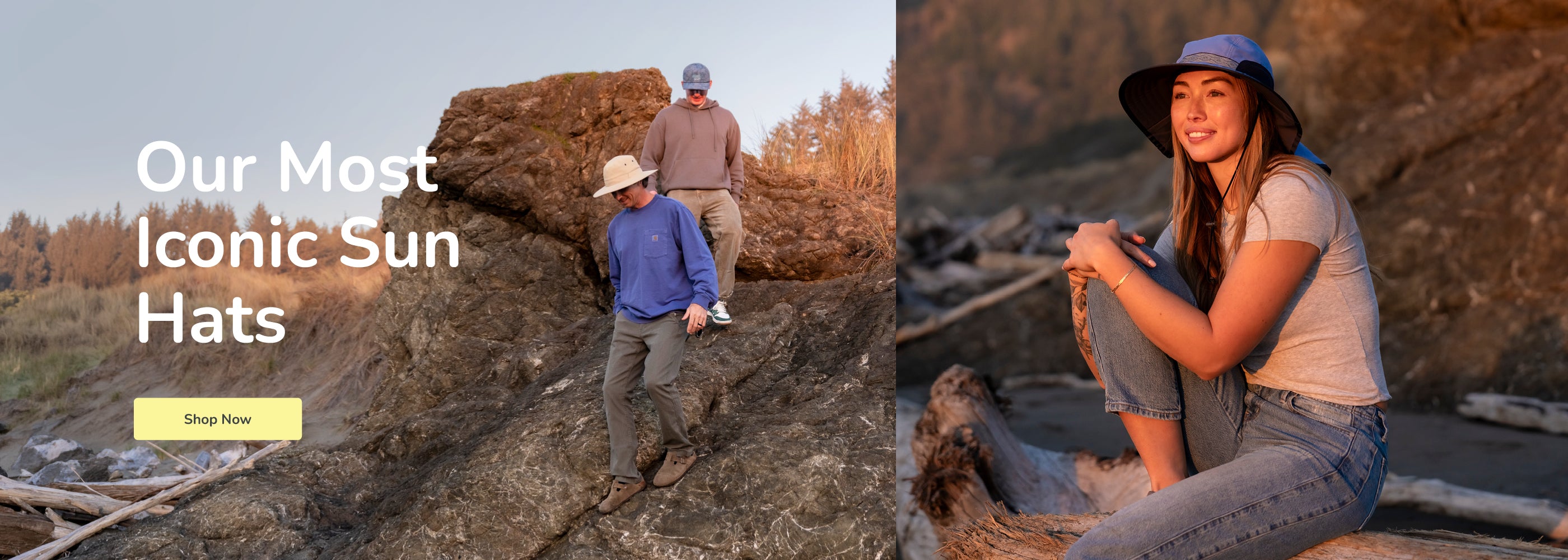 Two people wearing sun hats on a rocky beach with text 'Our Most Iconic Sun Hats' and a call-to-action button.